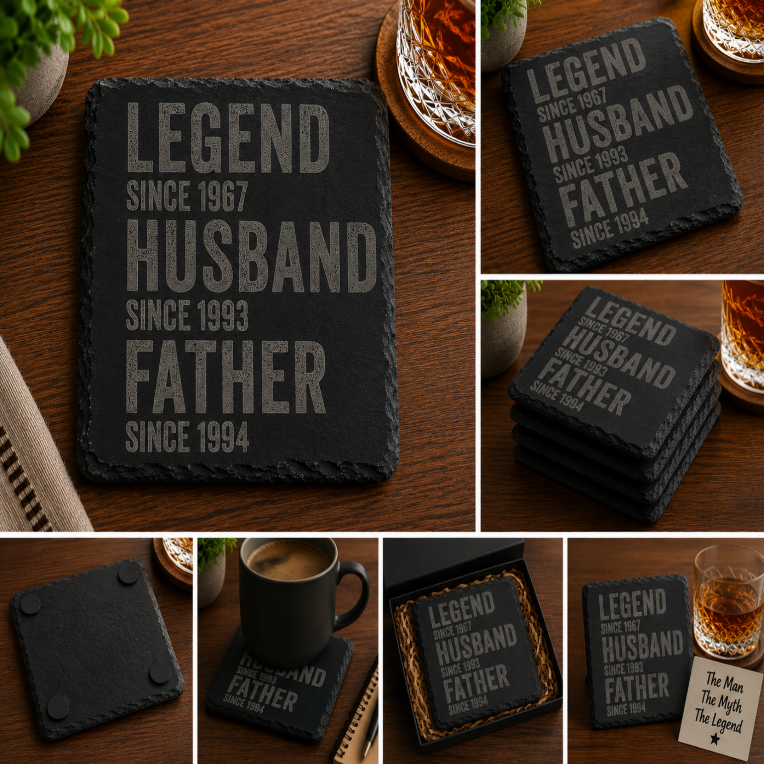 Personalized engraved black slate coaster featuring Legend Husband Father design with customizable milestone years, Father's Day gift for dad, husband, and grandpa.