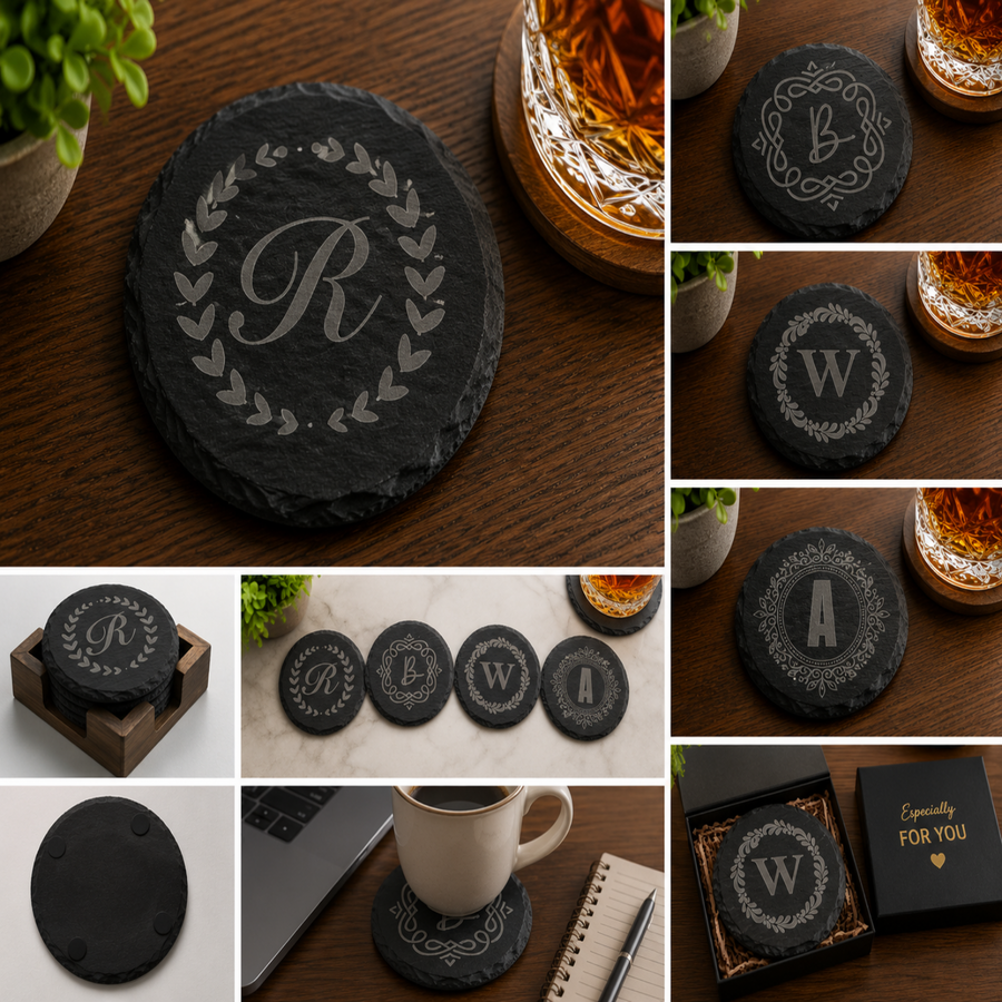 Personalized round black slate coaster engraved with custom monogram initial, elegant decorative border design, custom wedding and housewarming gift.