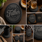 Funny engraved round black slate coaster featuring the phrase "Proud Father of a Few Dumbass Kids", unique Father's Day gift for dads with a sense of humor.