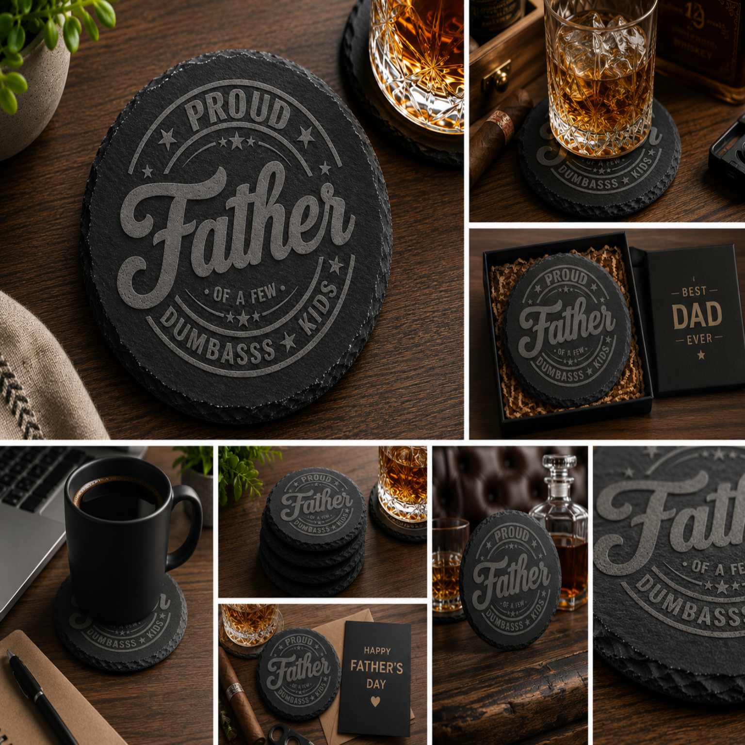 Funny engraved round black slate coaster featuring the phrase "Proud Father of a Few Dumbass Kids", unique Father's Day gift for dads with a sense of humor.