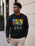 Super Daddio personalized sweatshirt featuring retro gamer-inspired colorful artwork and custom kids names worn by male model outdoors.