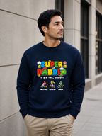 Super Daddio personalized sweatshirt featuring retro gamer-inspired colorful artwork and custom kids names worn by male model outdoors.