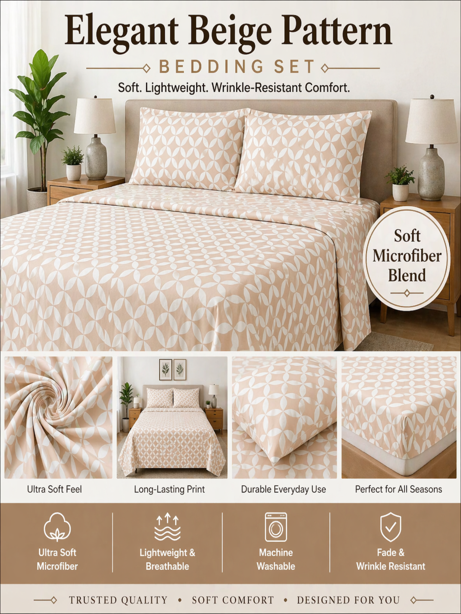 Soft Beige Microfiber Bedding Set, Elegant Neutral Sheets
