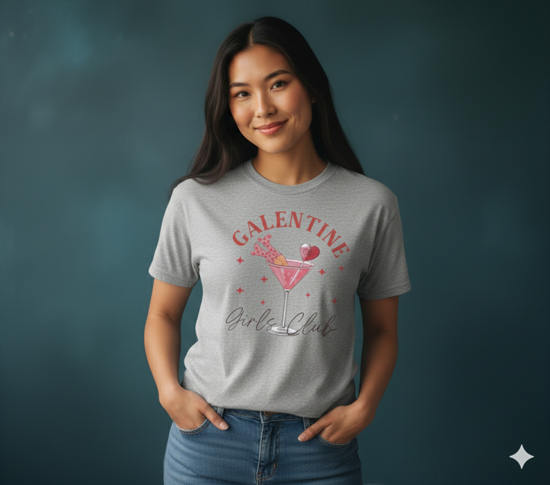 Valentine Writing Tee, Girls Club Galentine Shirt, Premium Quality Cotton T-Shirt
