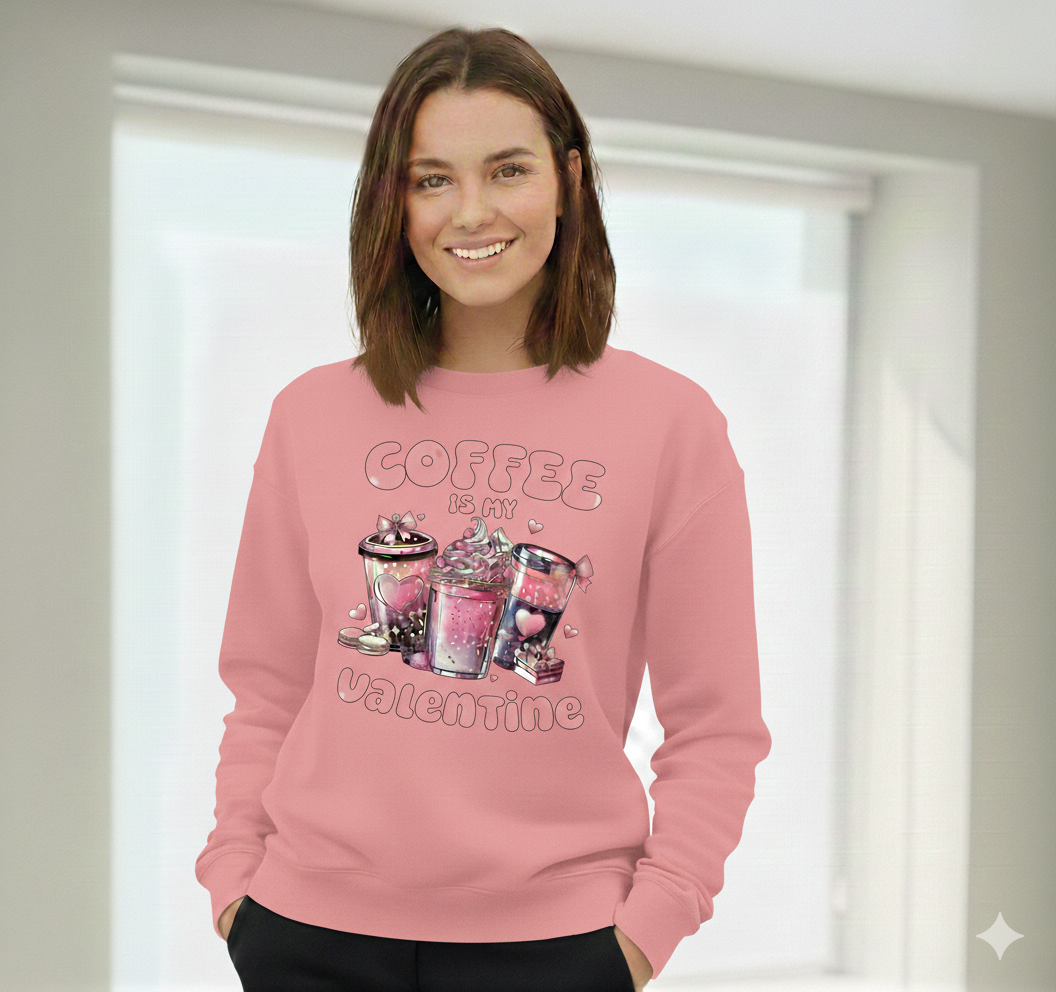 Valentine Sweatshirt, Coffee Lover Crew Neck Soft Cotton Casual Wear — view 7