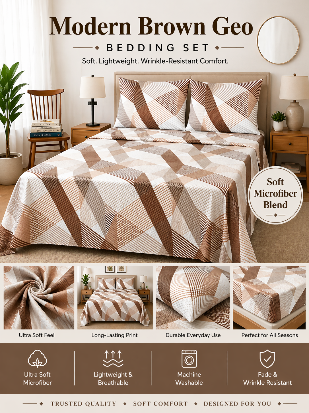 Warm Geometric Microfiber Bedding Set, Cozy Modern Sheets
