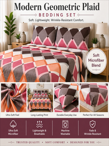 Modern geometric plaid bedding set with soft microfiber blend features.