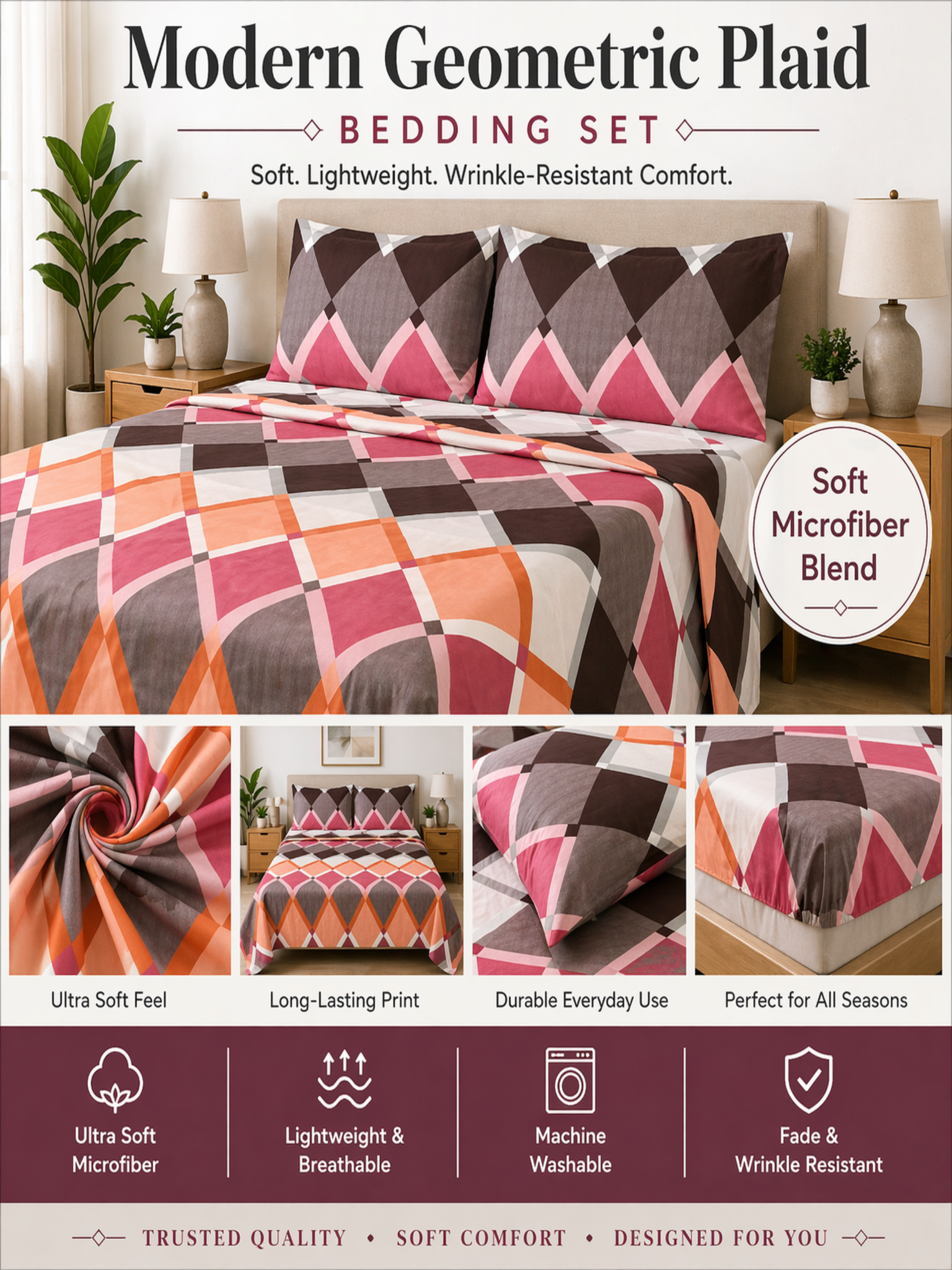 Modern geometric plaid bedding set with soft microfiber blend features.
