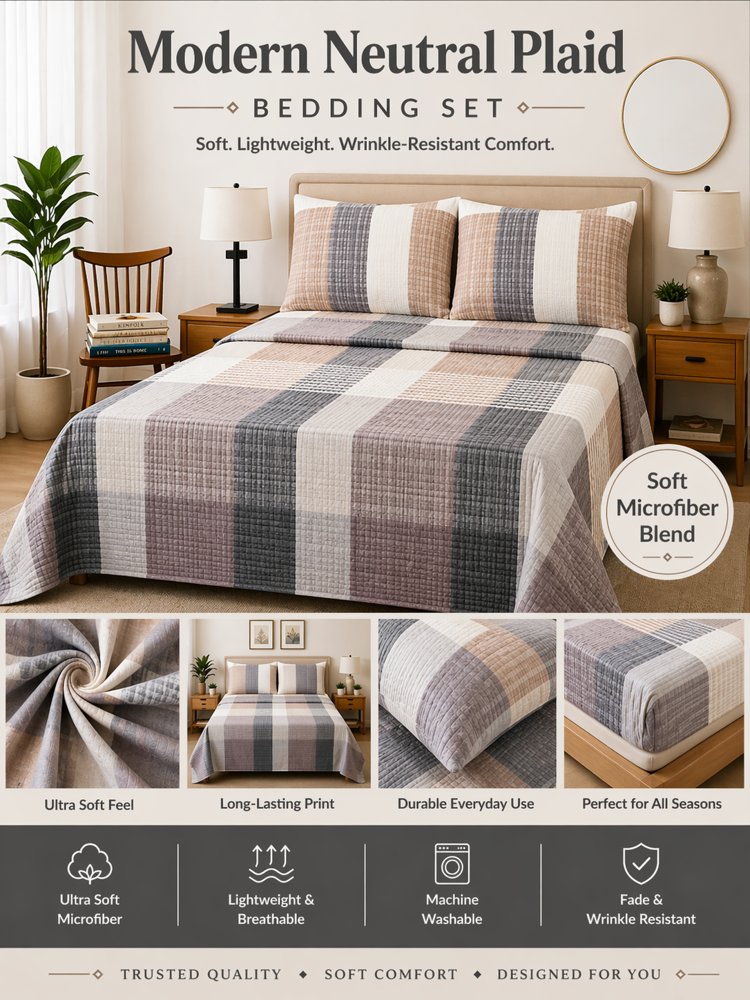 Neutral Block Microfiber Bedding Set, Contemporary Style Sheets