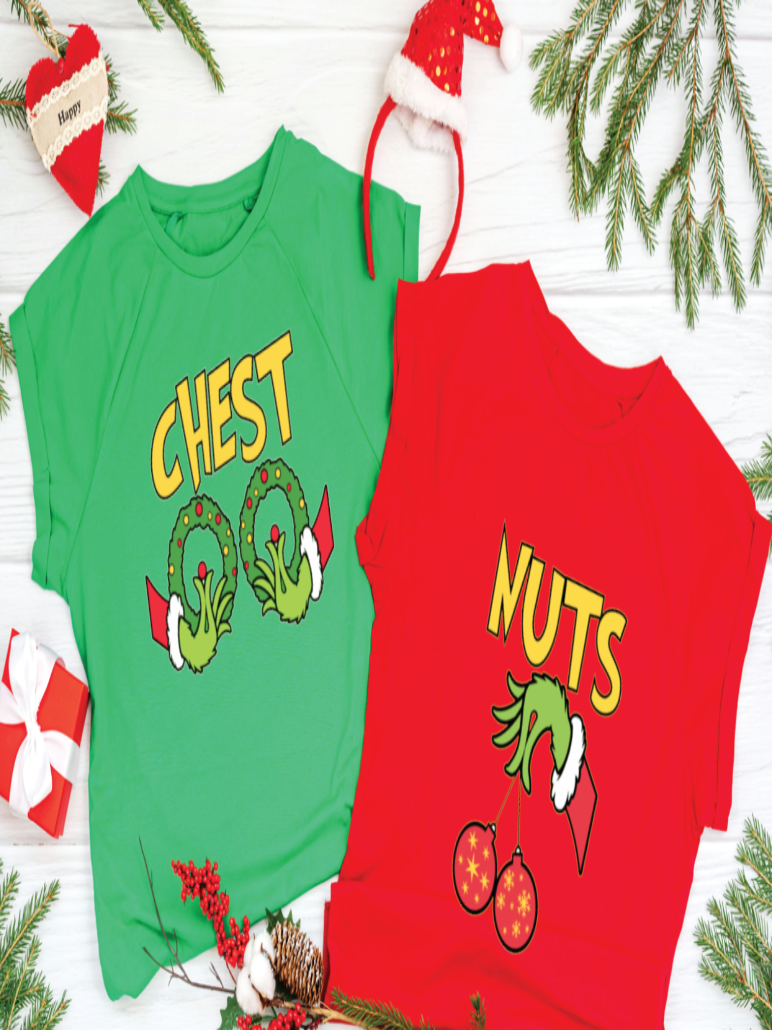 Two Christmas-themed t-shirts, one green and one red, with festive graphics and text.