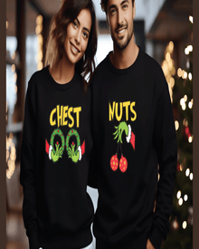 Black matching couple hoodies featuring Chest Nuts Grinch holiday print for festive wear