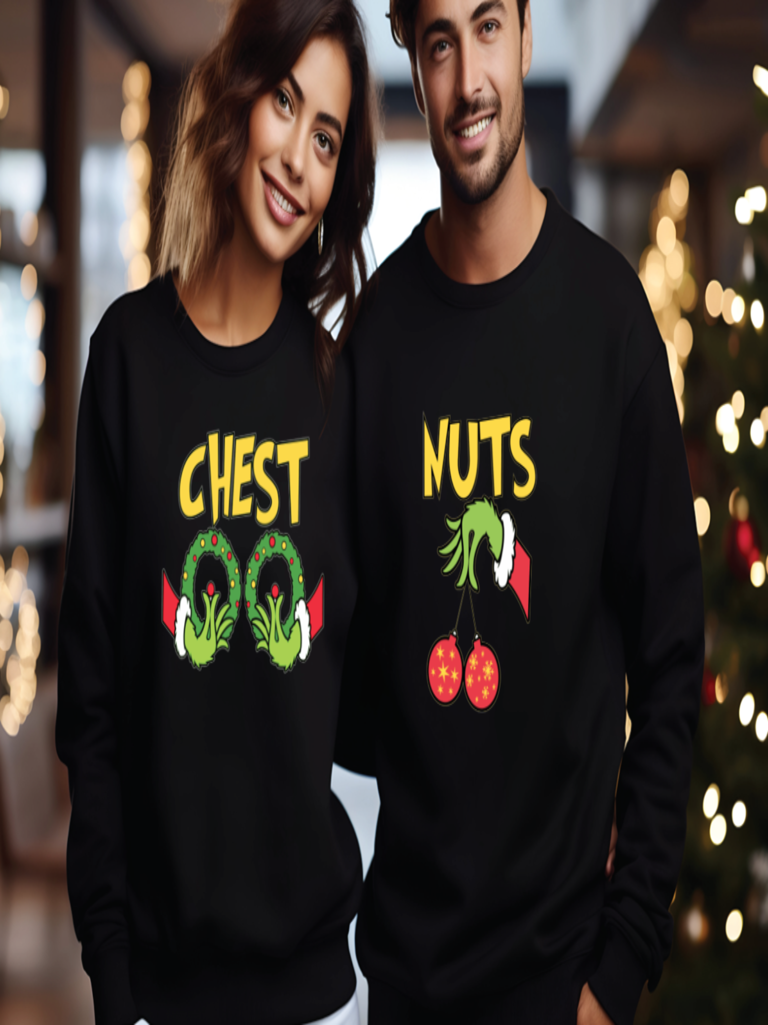 Two people wearing black sweatshirts with Christmas-themed designs and text.