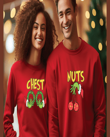 Red matching couple hoodies with Chest Nuts Grinch holiday theme for cozy winter outfits