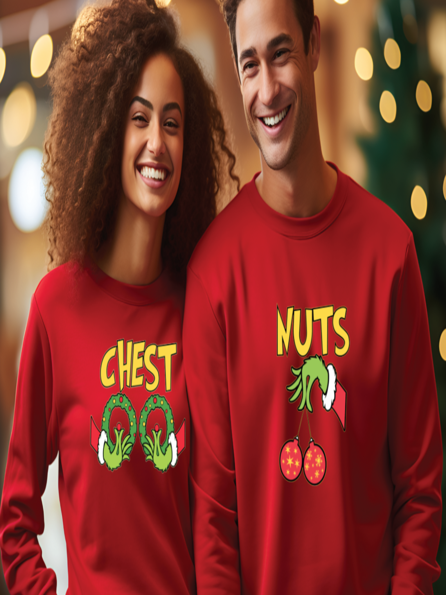Two people wearing red sweatshirts with Christmas-themed designs in a festive setting.