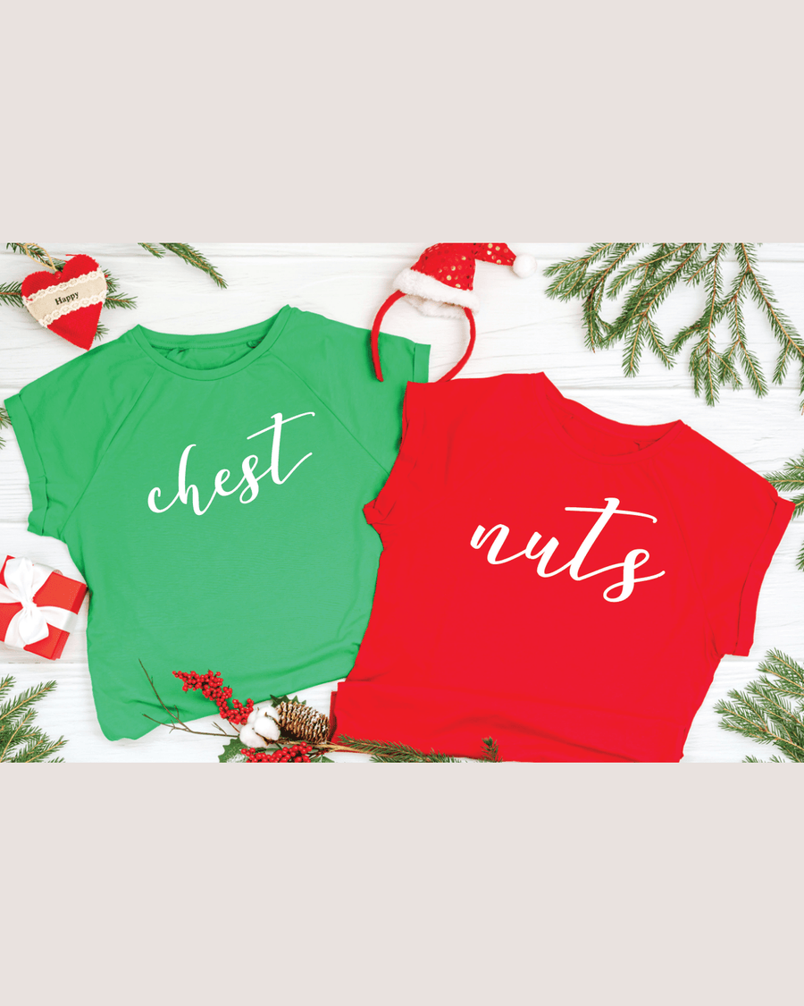 Matching red and green crewneck t-shirts with chest nuts cursive print