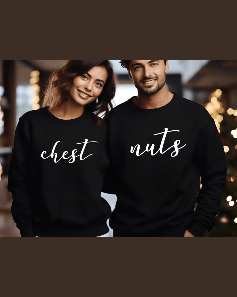 Black personalized couple sweatshirts with chest nuts white lettering