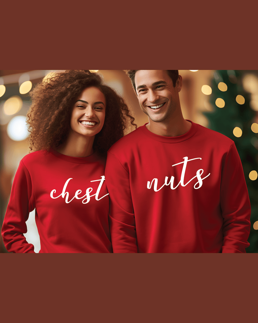 Red matching couple hoodies featuring chest nuts custom embroidery