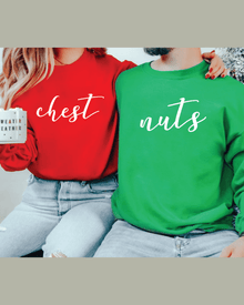 Red and green custom couple hoodie with chest nuts text embroidery