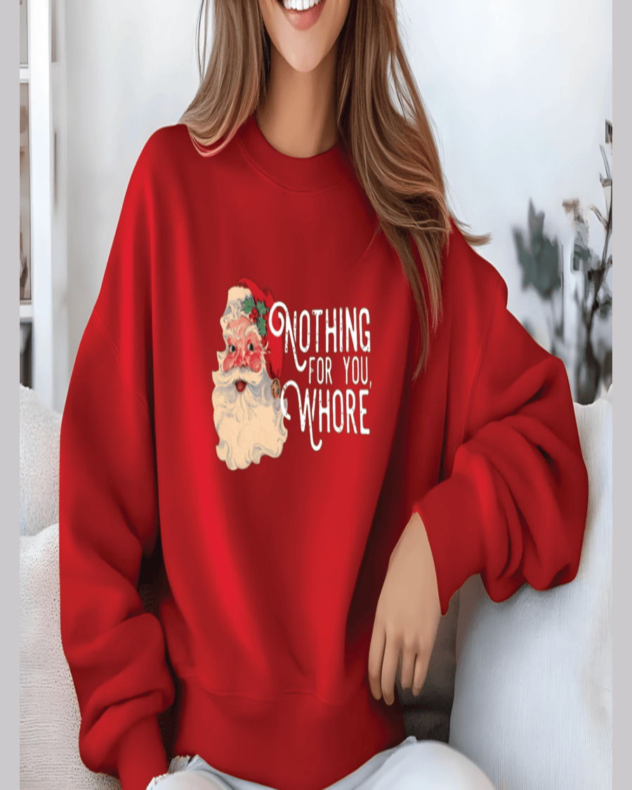 Bright red plush holiday hoodie with DTF printed Santa illustration and unique slogan