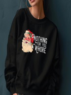 Black sweatshirt with a graphic design featuring Santa Claus and text on a dark background