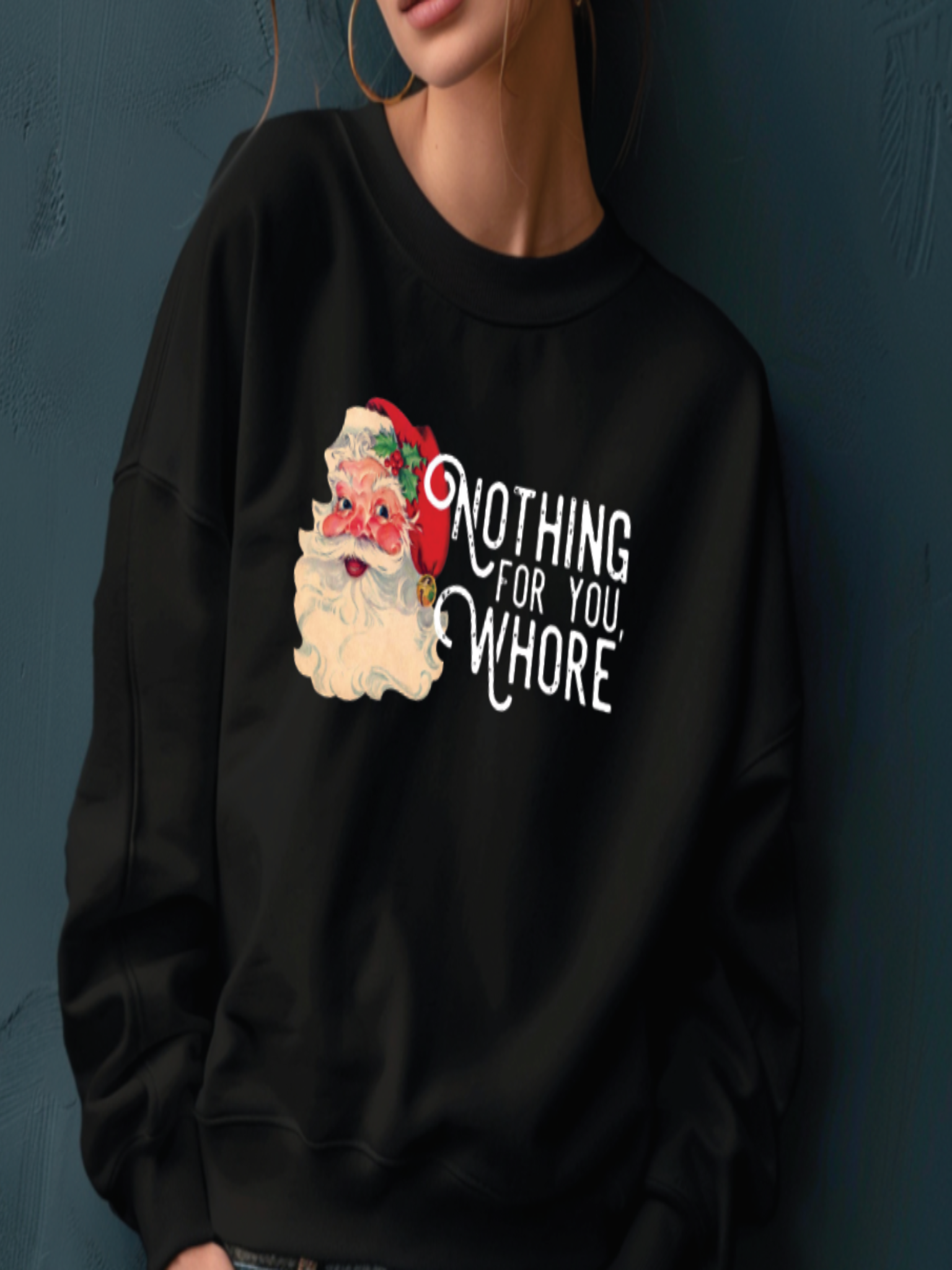 Black sweatshirt with a graphic design featuring Santa Claus and text on a dark background