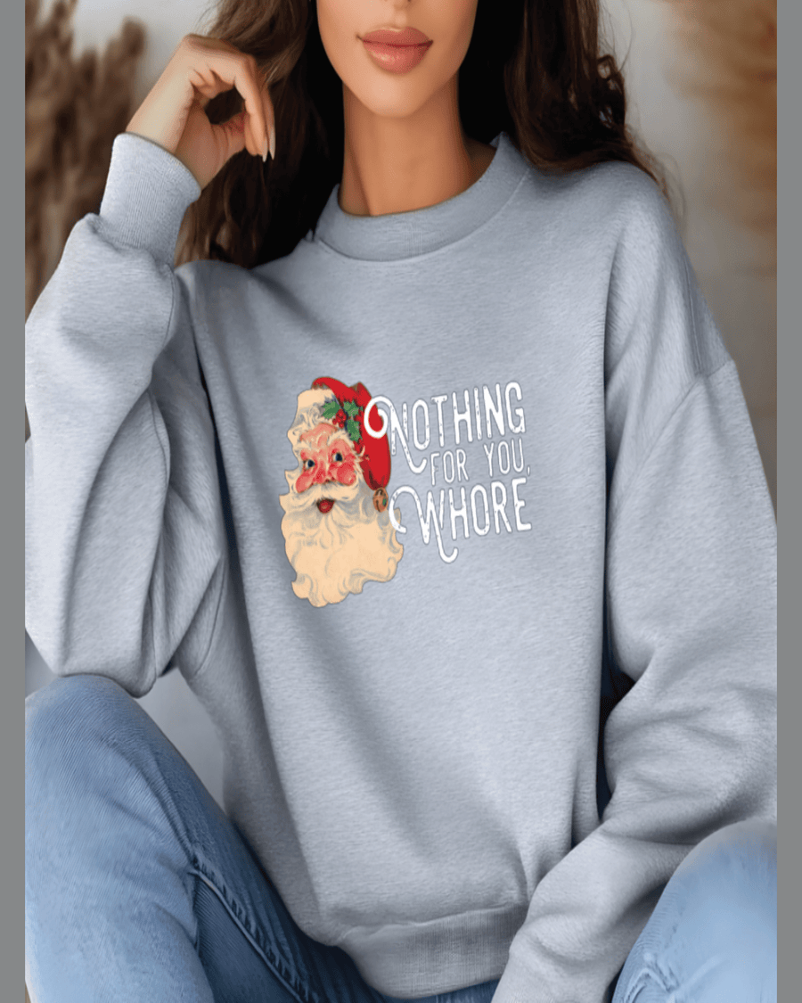 Heather gray oversized crewneck sweatshirt featuring festive Santa print and custom name design