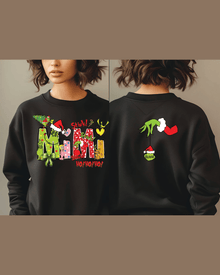 Black MIMI Grinch holiday sweatshirt featuring front festive design and single back personalized name ornament gift