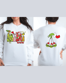 White MIMI Grinch holiday sweatshirt with front graphic and back custom name ornaments for family matching outfits
