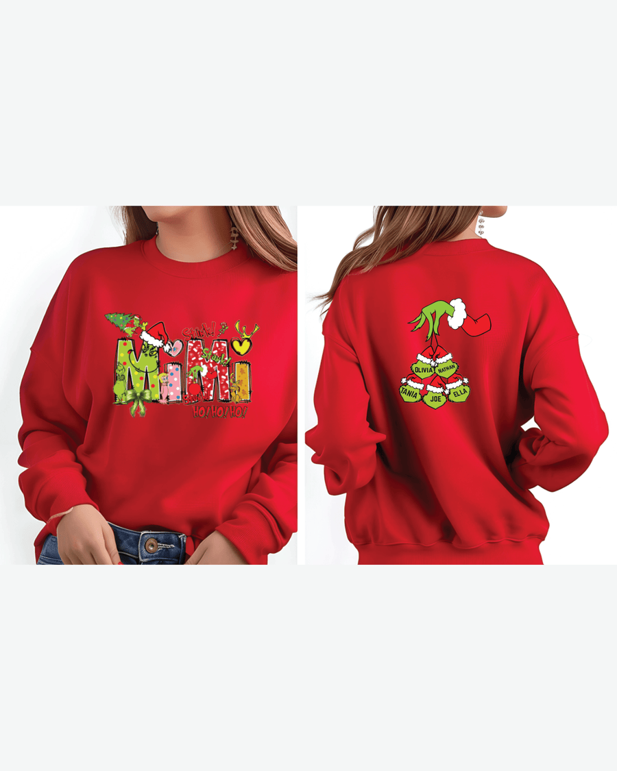 Red MIMI Grinch crewneck sweatshirt with colorful front print and five custom name heart ornaments on back
