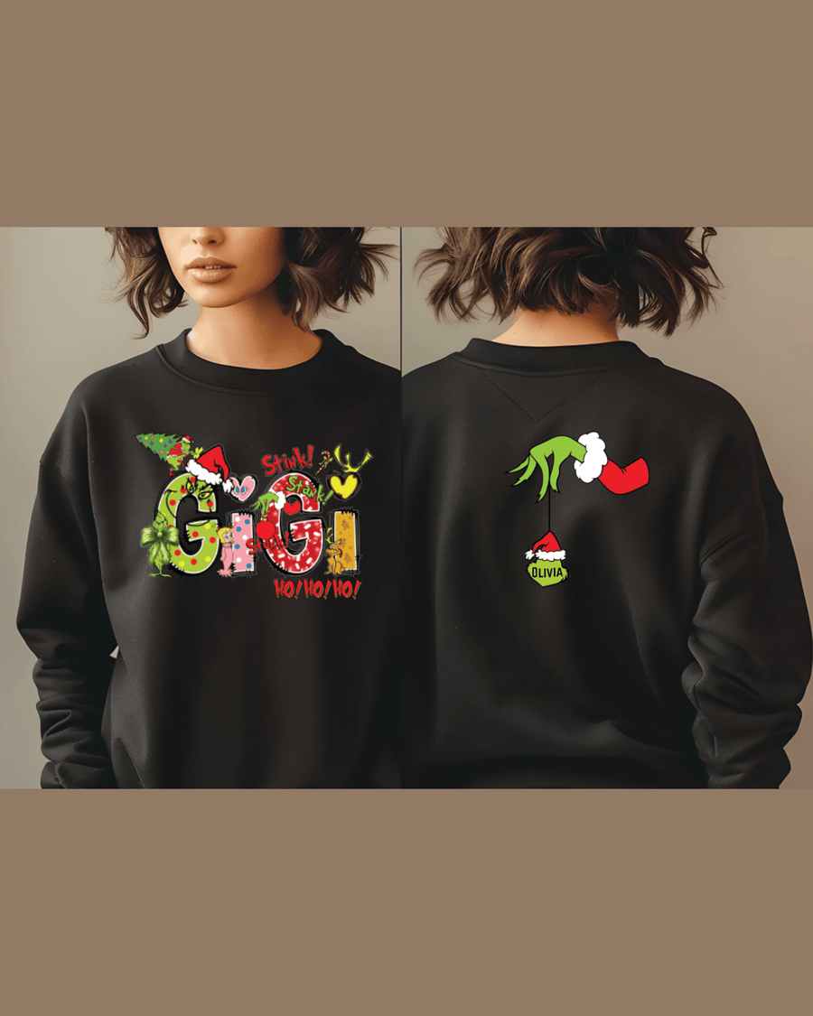 Black crewneck hoodie back view with Grinch hand holding sock and 'OLIVIA' name