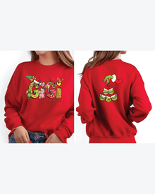 Red group holiday hoodie back featuring five Grinch names on Santa hats