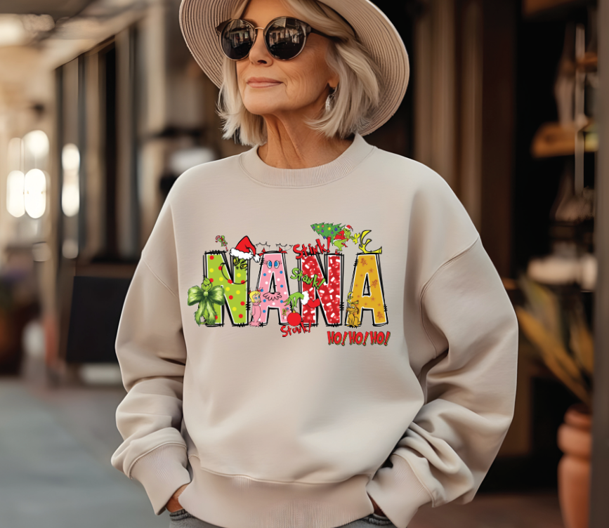 NANA Grinch-Themed Holiday Graphic SweatShirt (Choose Colors)