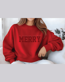 Red custom Christmas hoodie with MERRY print in bold block letters