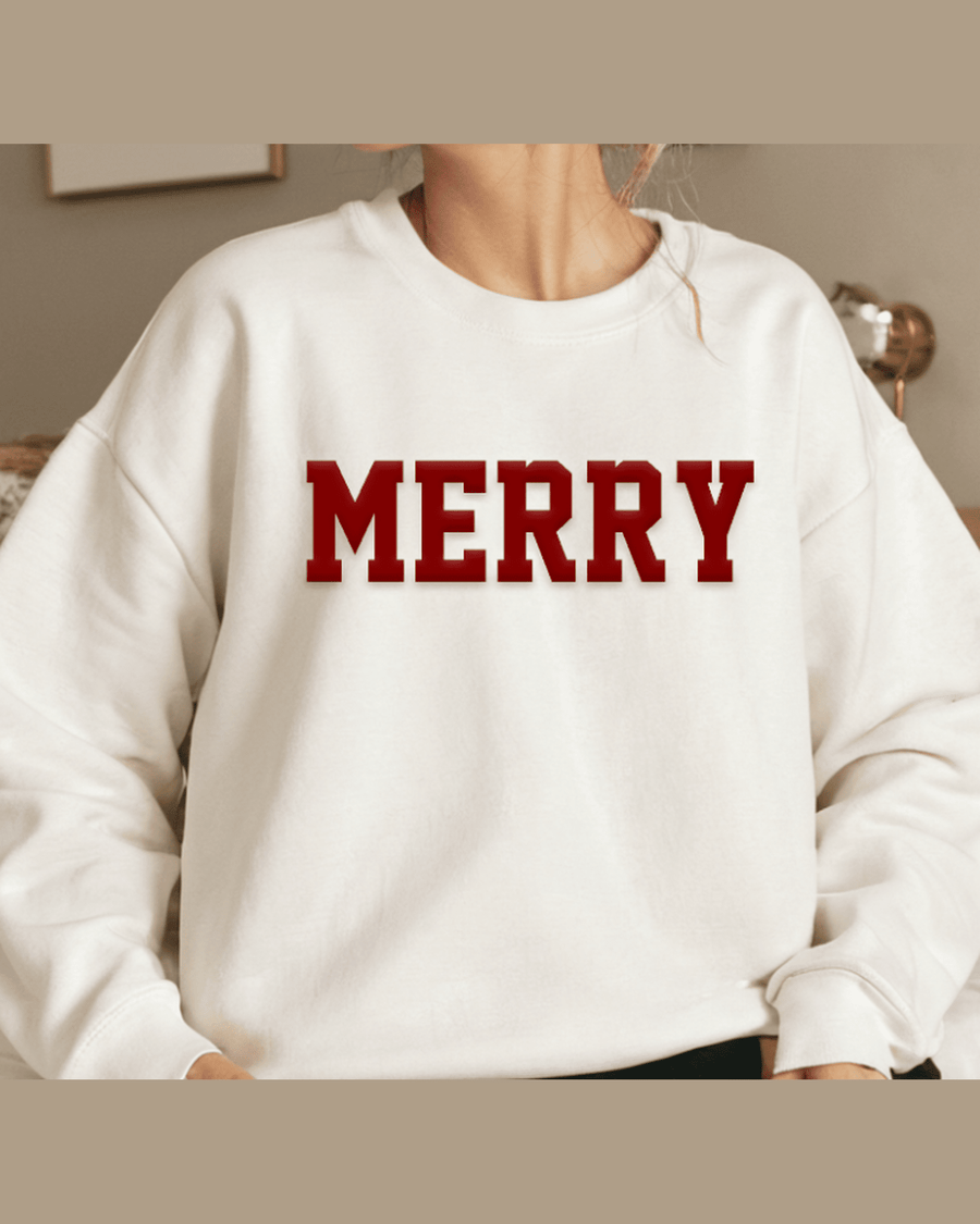 White crewneck hoodie featuring deep red MERRY text design