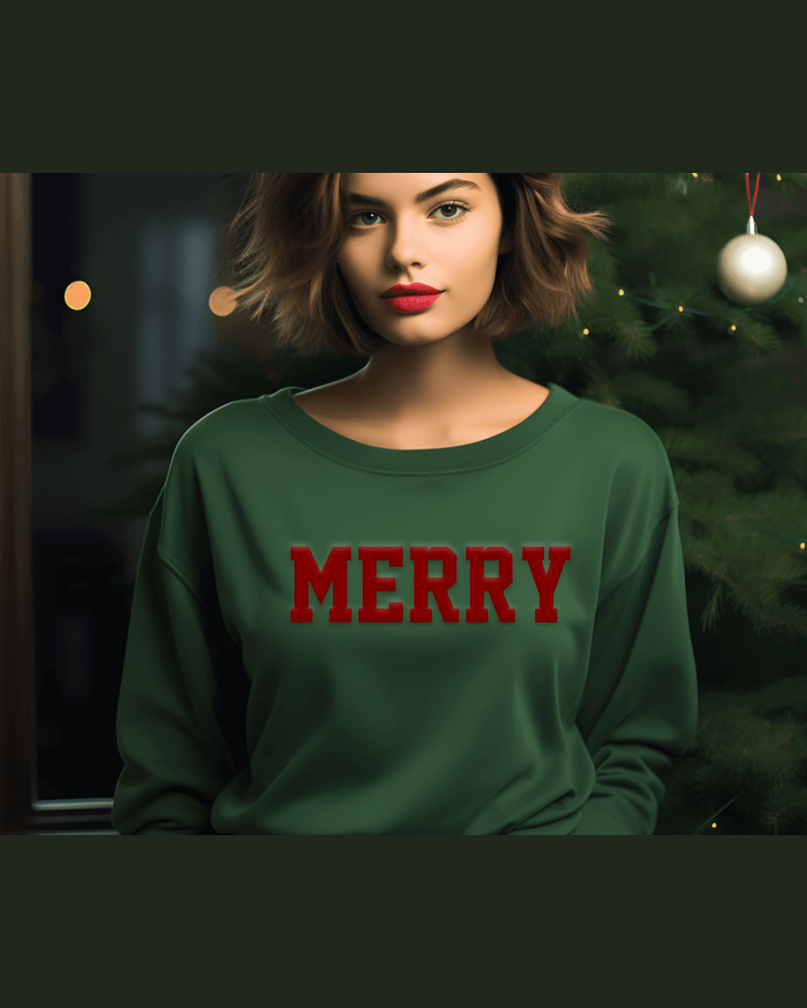 Dark green holiday hoodie with bright red MERRY lettering