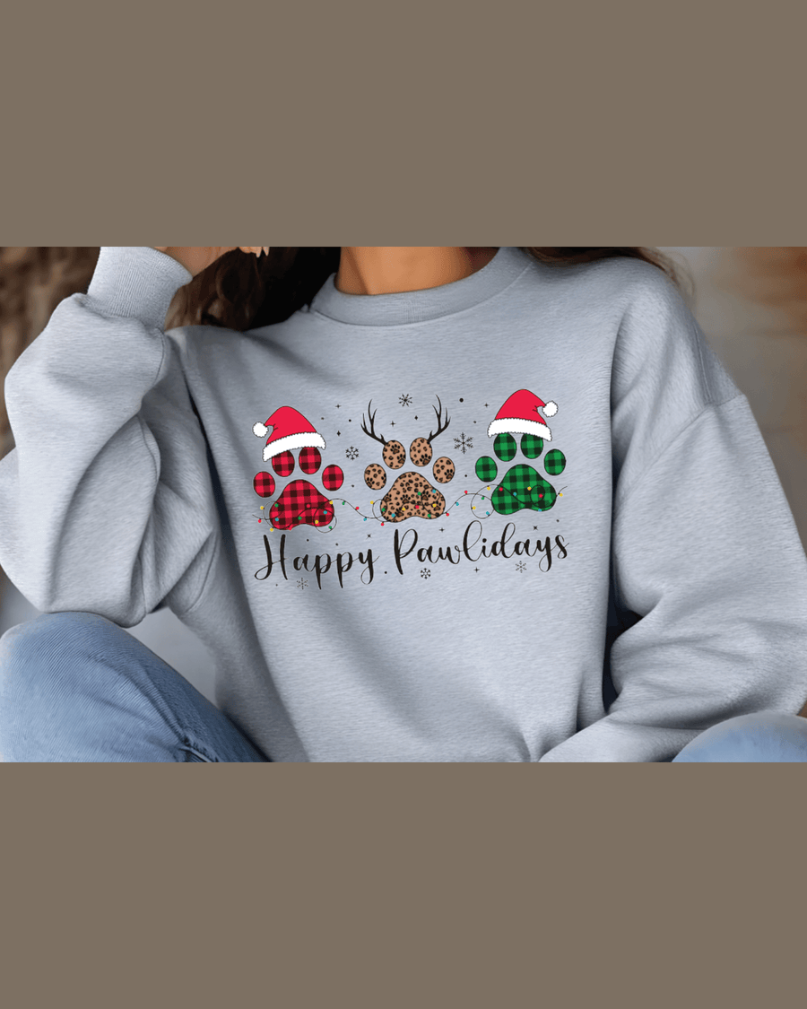 Gray custom Christmas hoodie with Happy Pawlidays paw print graphic and buffalo plaid design