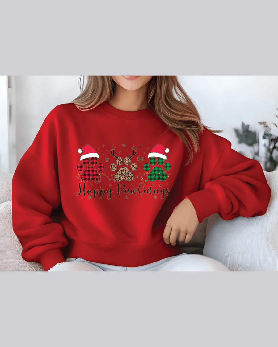 Red best friend gift hoodie with matching Happy Pawlidays graphic and soft durable fabric