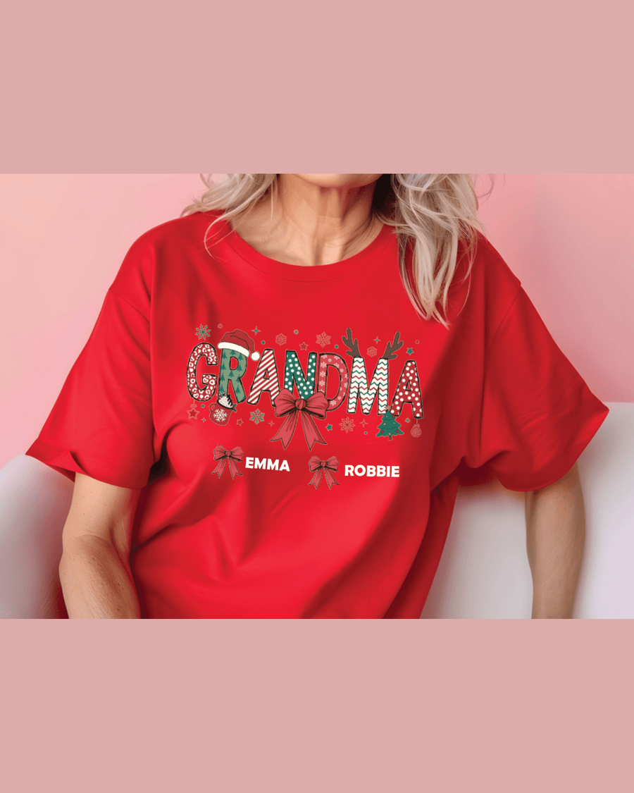 Red short sleeve grandma t-shirt with embroidered Christmas design and names Emma Robbie
