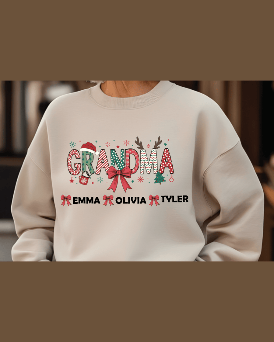 Beige custom grandma hoodie with Christmas graphic and grandkids names Emma Olivia Tyler