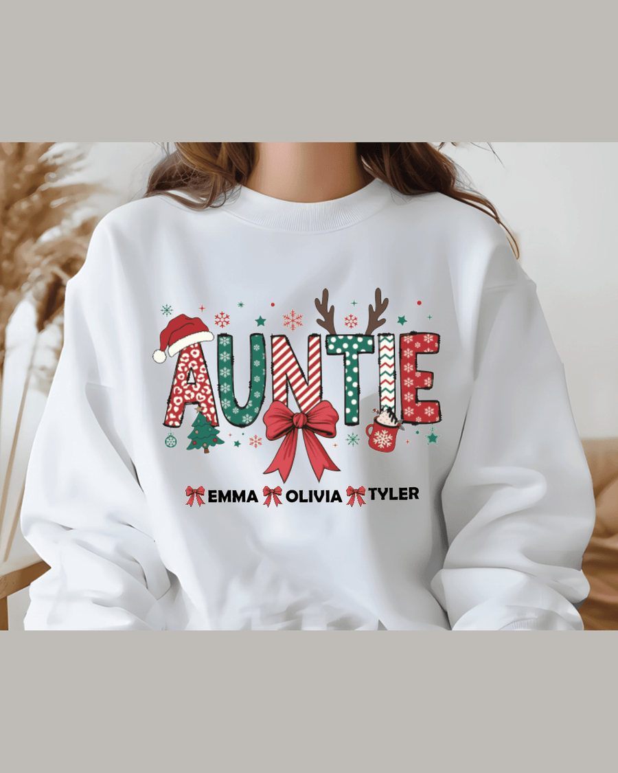 White custom Auntie hoodie featuring festive lettering and names Emma Olivia Tyler