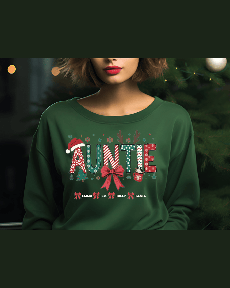 Dark green personalized Auntie sweatshirt with Christmas patterns and four names
