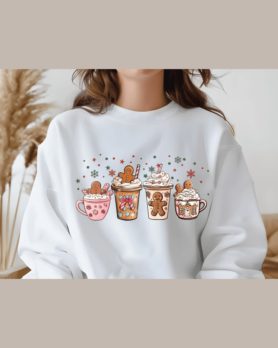 White personalized holiday sweatshirt featuring colorful mug graphics and red green stars