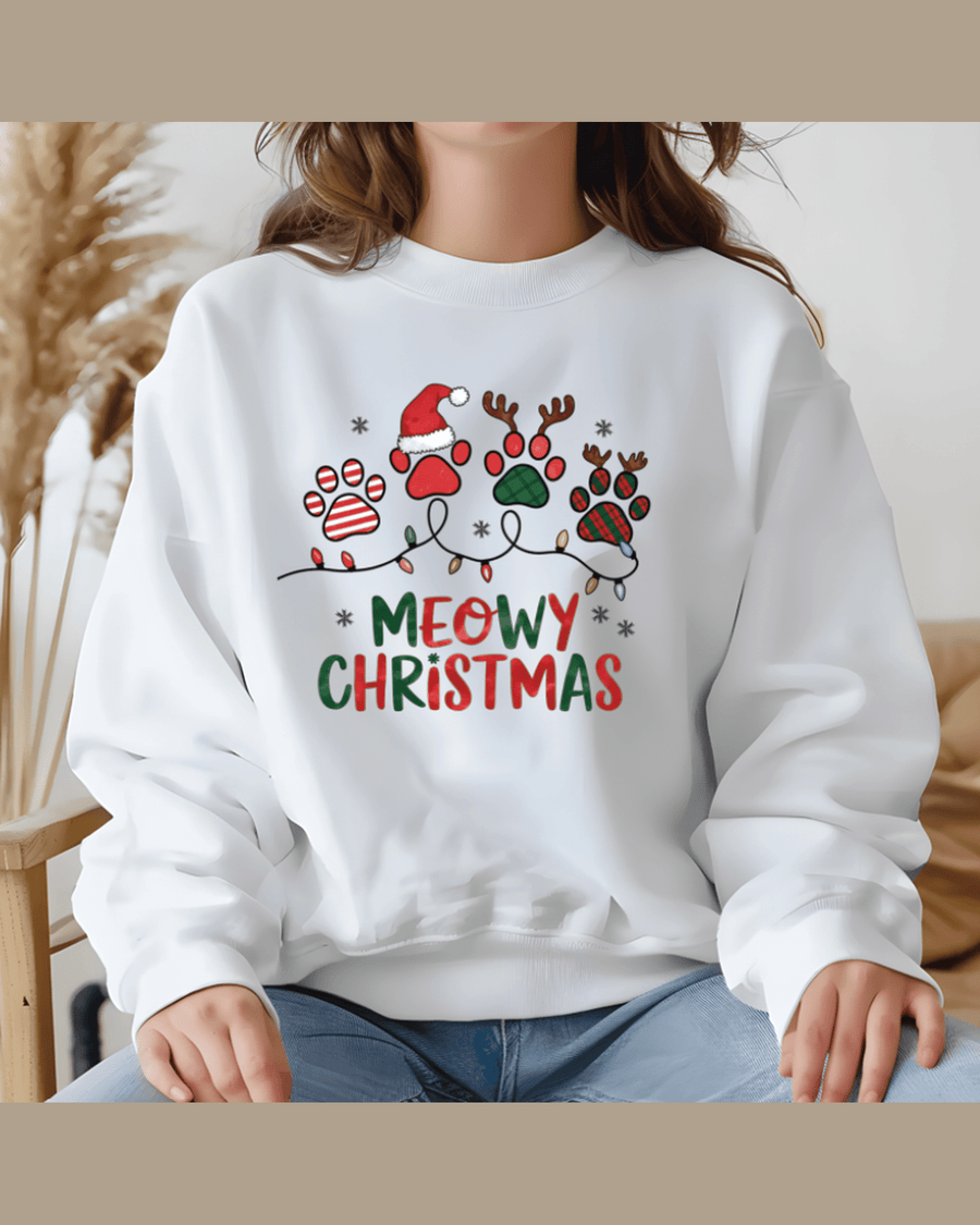 White unisex Christmas sweatshirt with soft durable fabric and custom name print