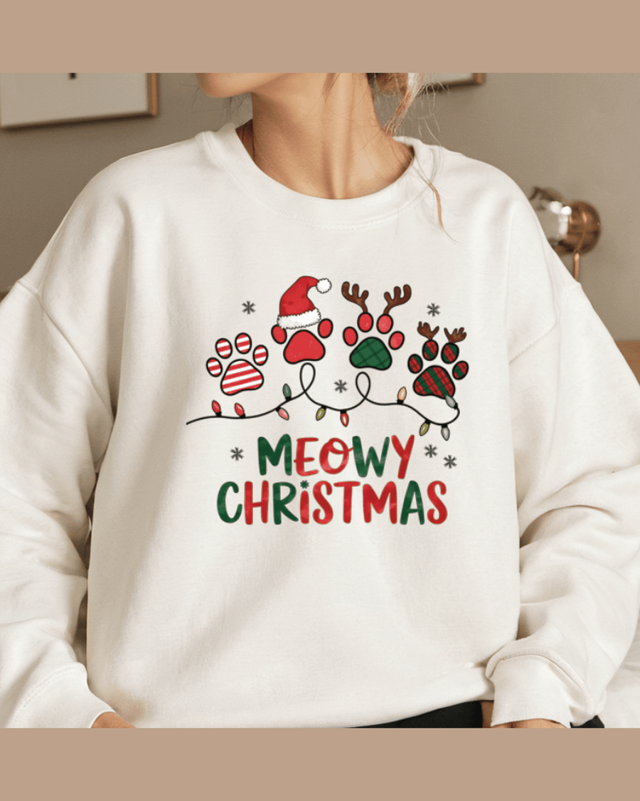 White custom Christmas hoodie with MEOWY CHRISTMAS paw print graphic and festive lights