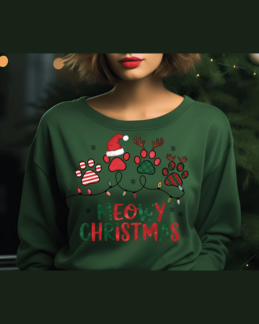 Dark green personalized holiday hoodie featuring MEOWY CHRISTMAS cat paw design
