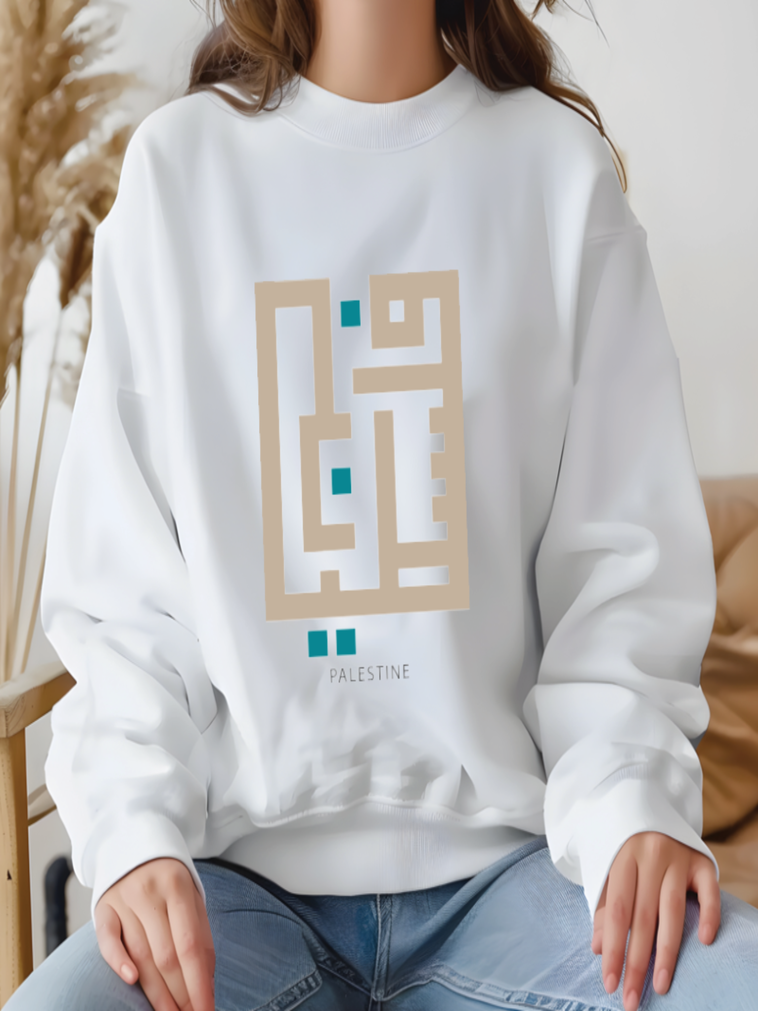 White sweatshirt with geometric design and 'Palestine' text worn by a person.