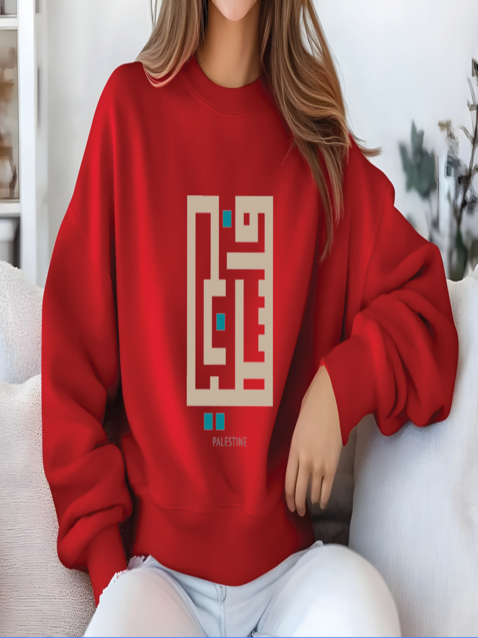 Person wearing a red sweatshirt with a geometric design and text.