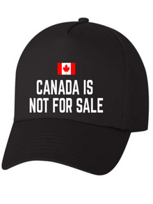 Black cap with 'Canada is not for sale' text and Canadian flag on a white background