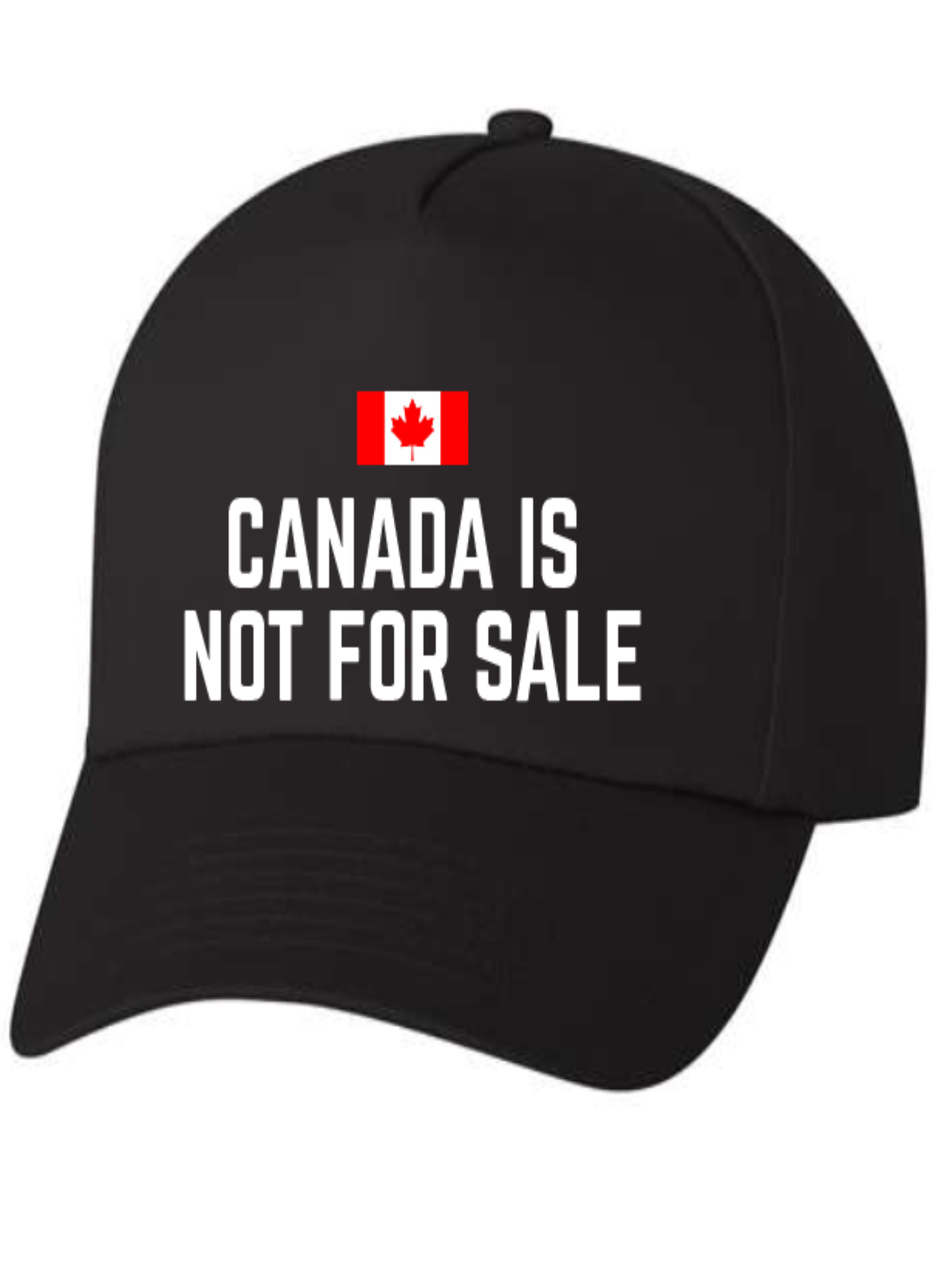 Black cap with 'Canada is not for sale' text and Canadian flag on a white background