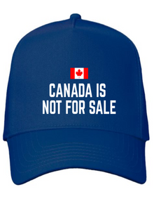 Blue cap with 'Canada is not for sale' text and Canadian flag on a white background